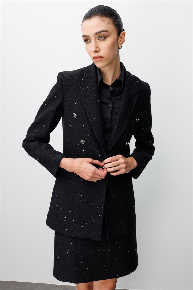 Modailgi  Kırlangıç Yaka Düğme Detaylı Astarlı Rahat Formlu Ceket Siyah