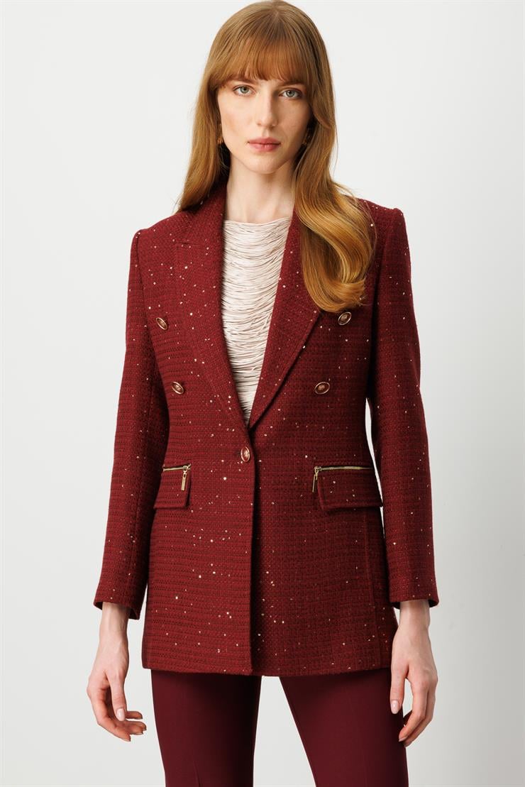 Modailgi  Kırlangıç Yaka Düğme Detaylı Astarlı Rahat Formlu Ceket Bordo