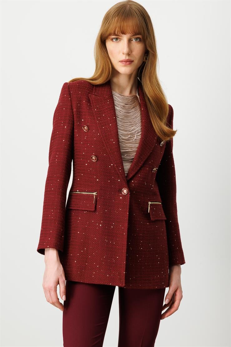 Modailgi  Kırlangıç Yaka Düğme Detaylı Astarlı Rahat Formlu Ceket Bordo