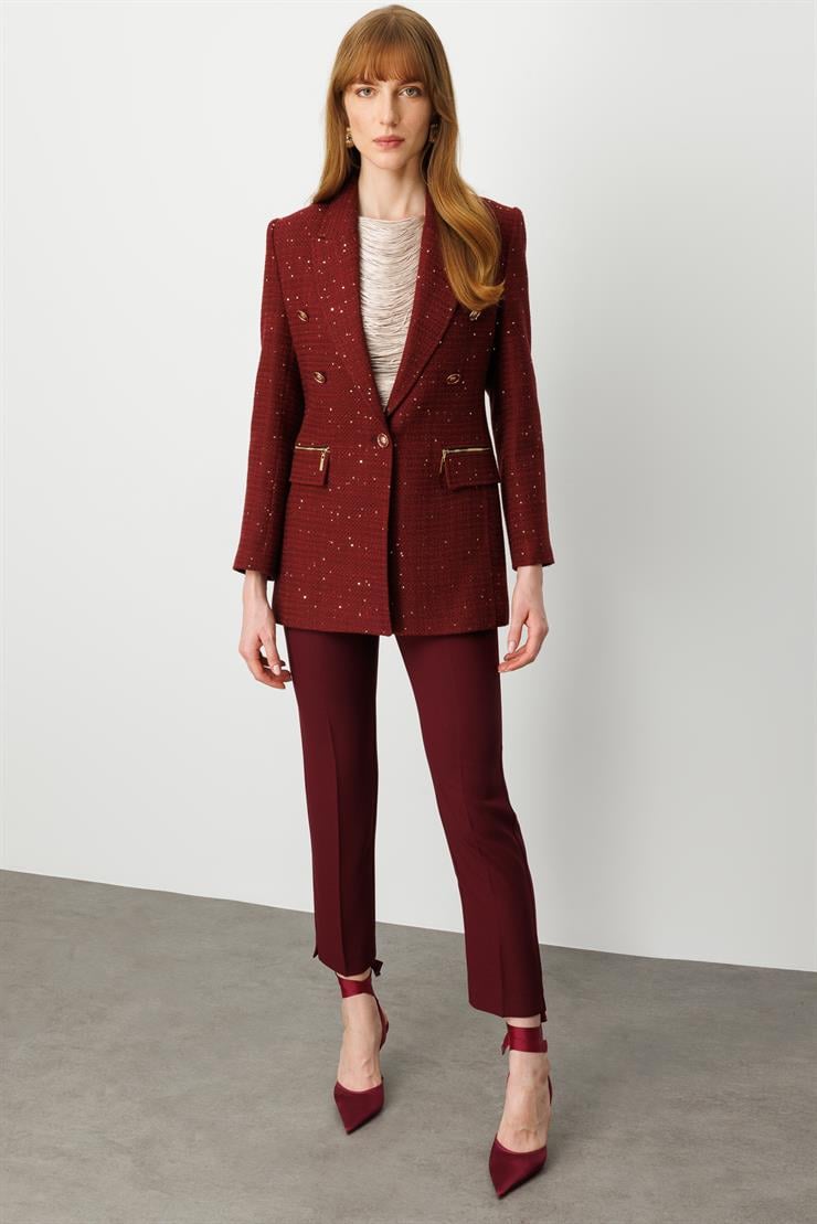 Modailgi  Kırlangıç Yaka Düğme Detaylı Astarlı Rahat Formlu Ceket Bordo