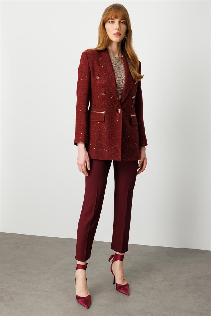 Modailgi  Kırlangıç Yaka Düğme Detaylı Astarlı Rahat Formlu Ceket Bordo