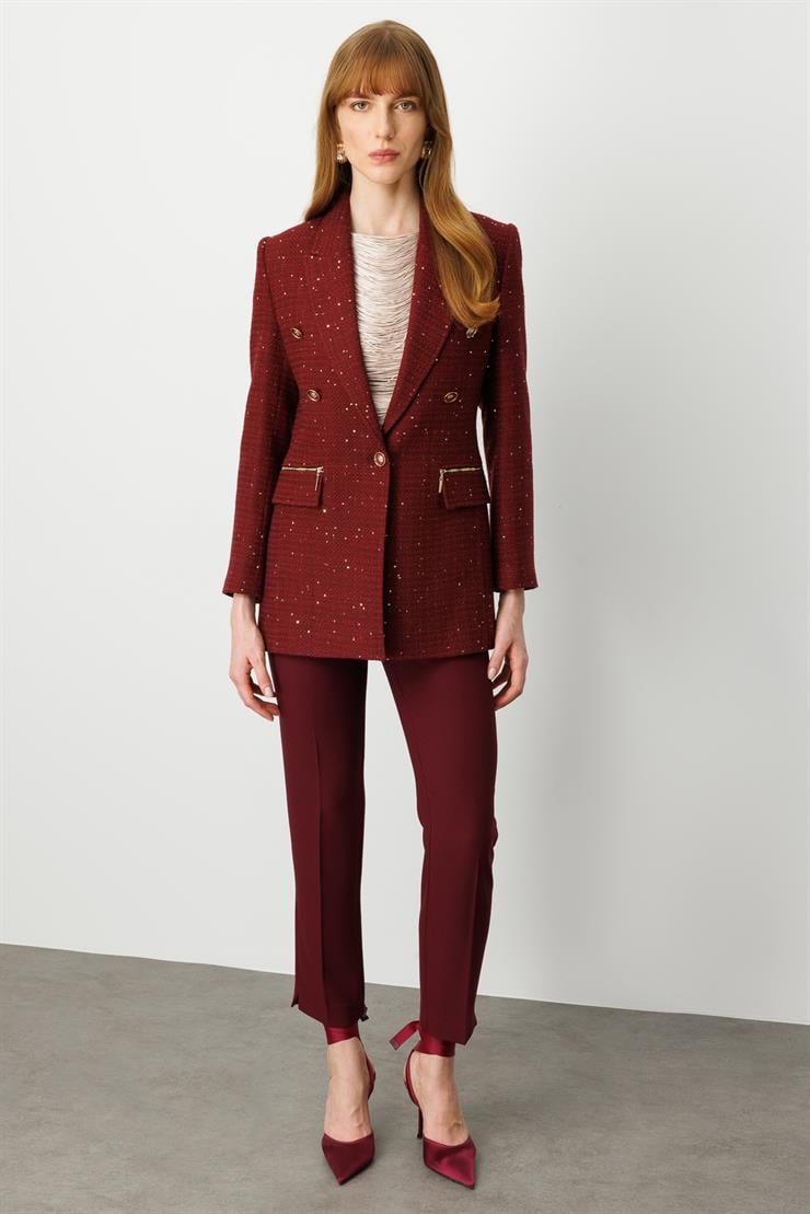 Modailgi  Kırlangıç Yaka Düğme Detaylı Astarlı Rahat Formlu Ceket Bordo