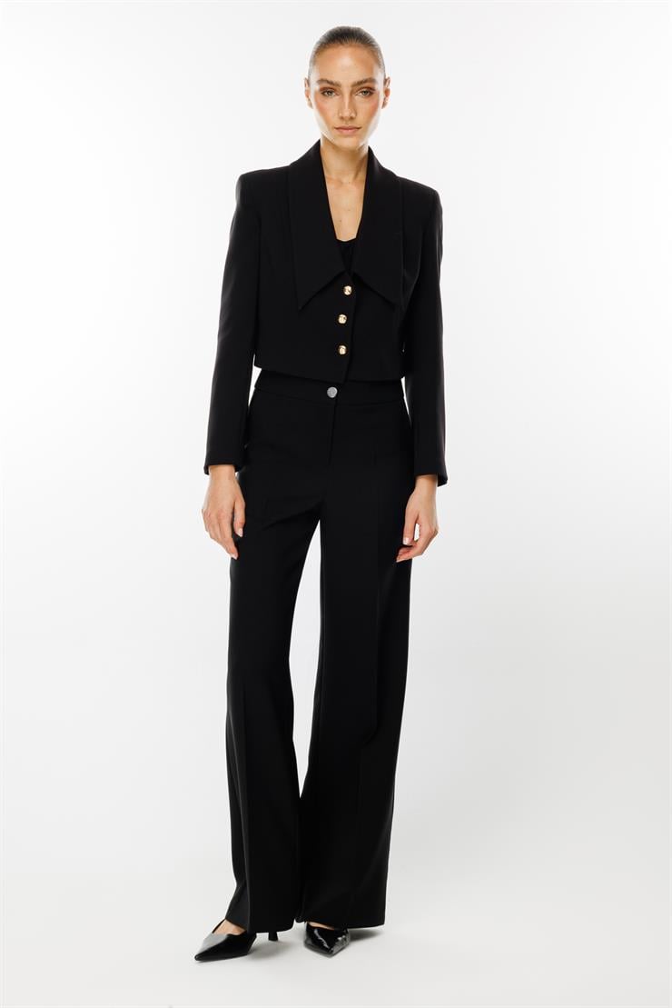 Modailgi  Kırlangıç Yaka Gold Düğme Detaylı Crop Ceket Siyah