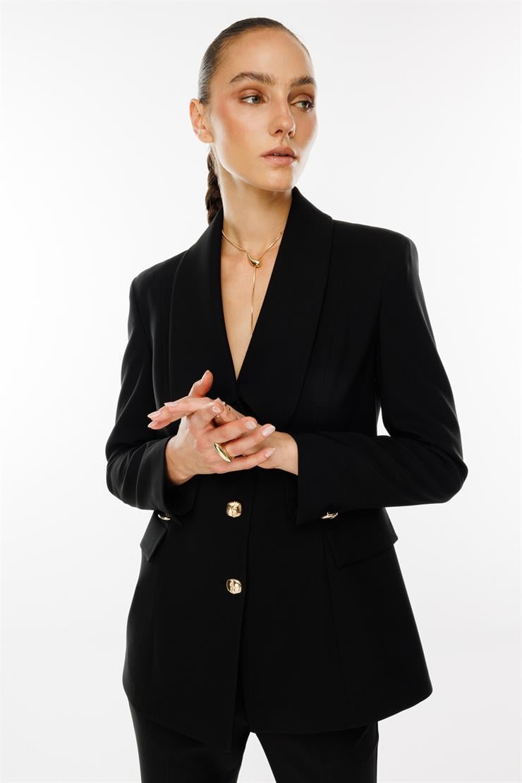 Modailgi  Kırlangıç Yaka Gold Düğme Detaylı Uzun Ceket Siyah