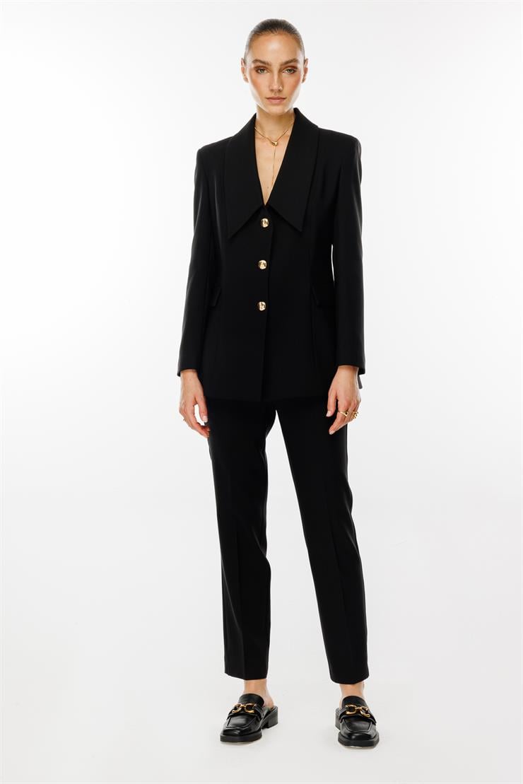 Modailgi  Kırlangıç Yaka Gold Düğme Detaylı Uzun Ceket Siyah