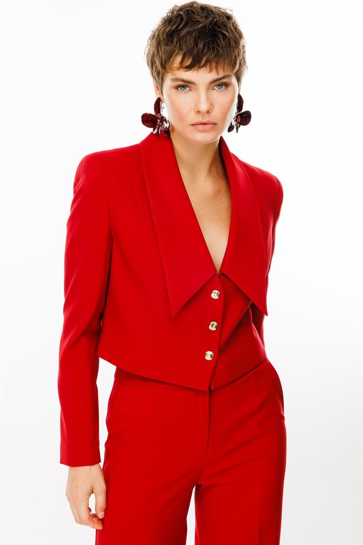 Modailgi  Kırlangıç Yaka Crop Ceket Kırmızı