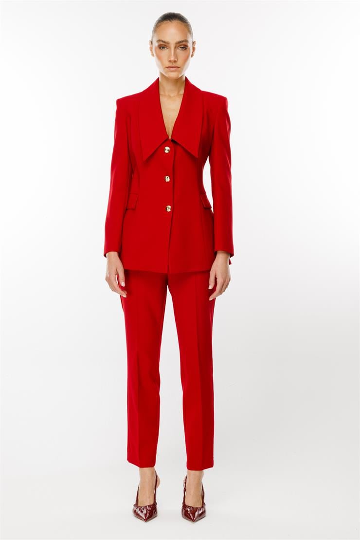 Modailgi  Kırlangıç Yaka Gold Düğme Detaylı Uzun Ceket Kırmızı