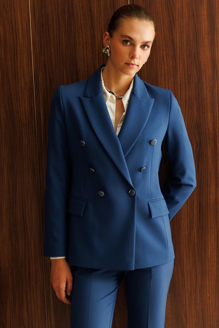 Modailgi  Kırlangıç Yaka Kruvaze Ceket - 40008 Petrol Mavisi