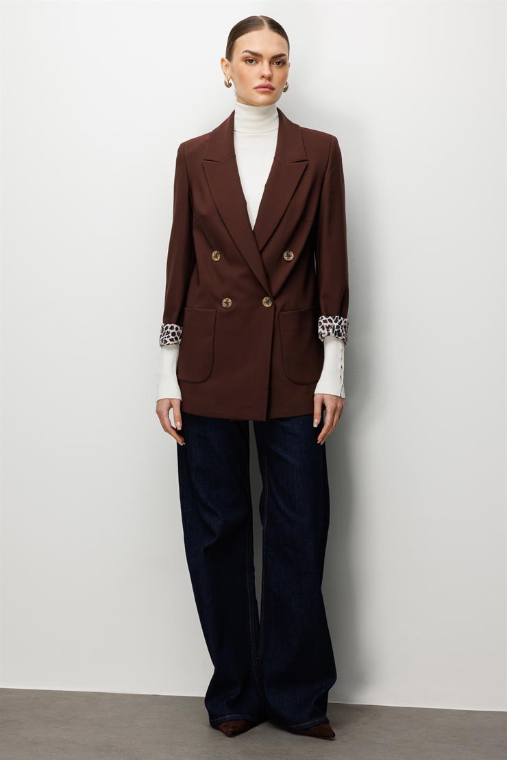 Modailgi  Kırlangıç Yaka Kruvaze Kapamalı Torba Cepli Leopar Astarlı Ceket Kahve