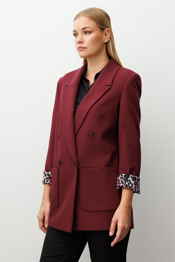 Modailgi  Kırlangıç Yaka Kruvaze Kapamalı Torba Cepli Leopar Astarlı Ceket Bordo