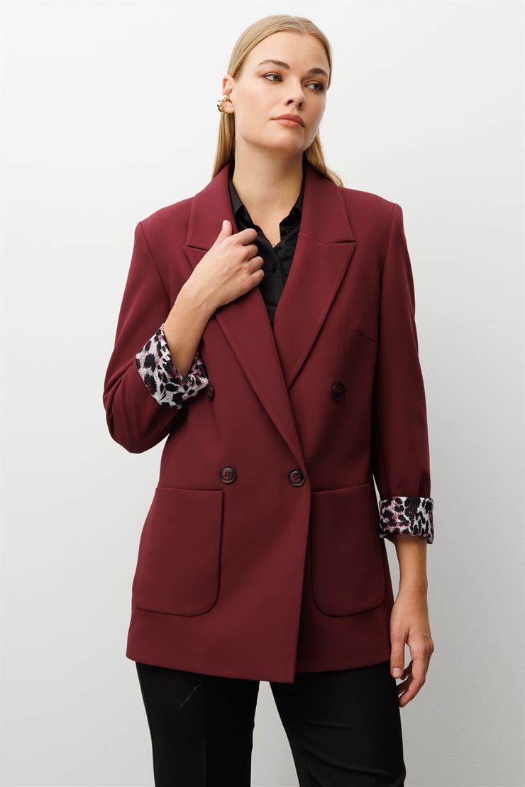 Modailgi  Kırlangıç Yaka Kruvaze Kapamalı Torba Cepli Leopar Astarlı Ceket Bordo