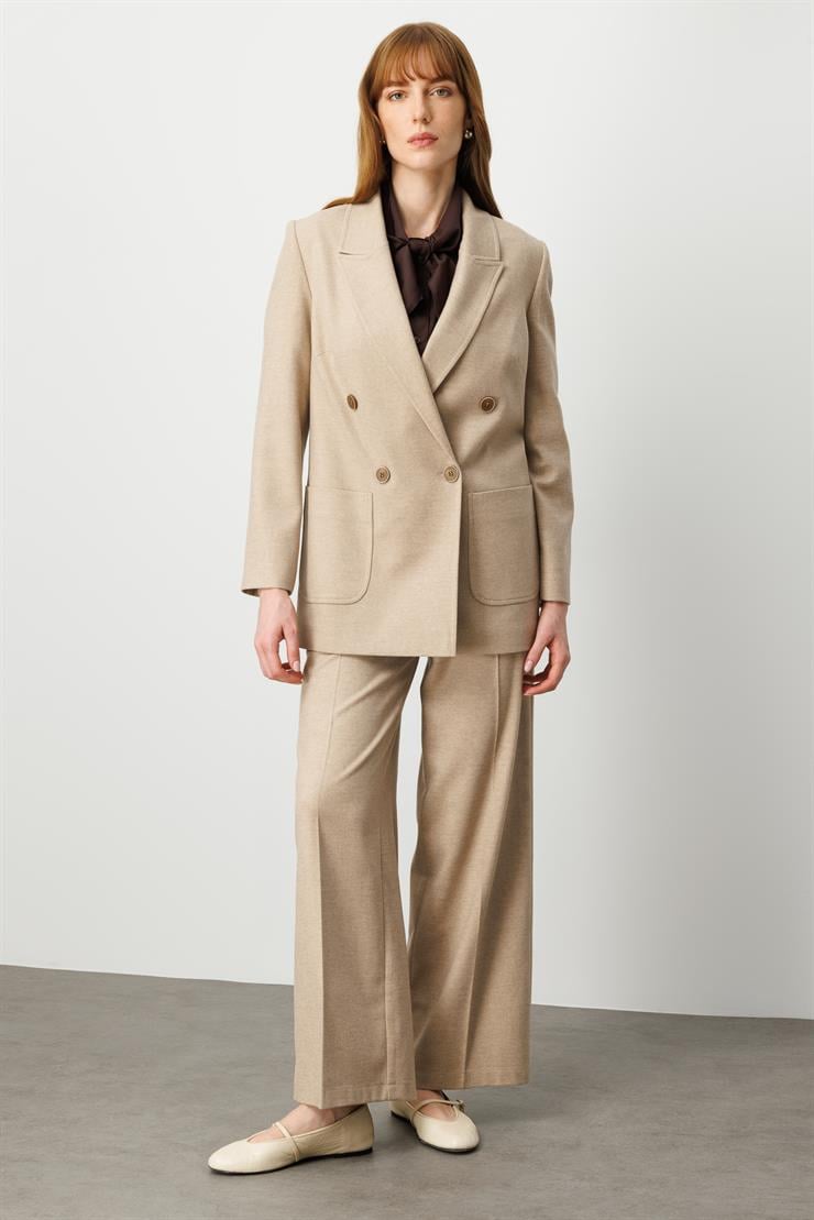 Modailgi  Kırlangıç Yaka Kruvaze Kapama Torba Cepli Rahat Kesim Ceket - 40048 Vizon