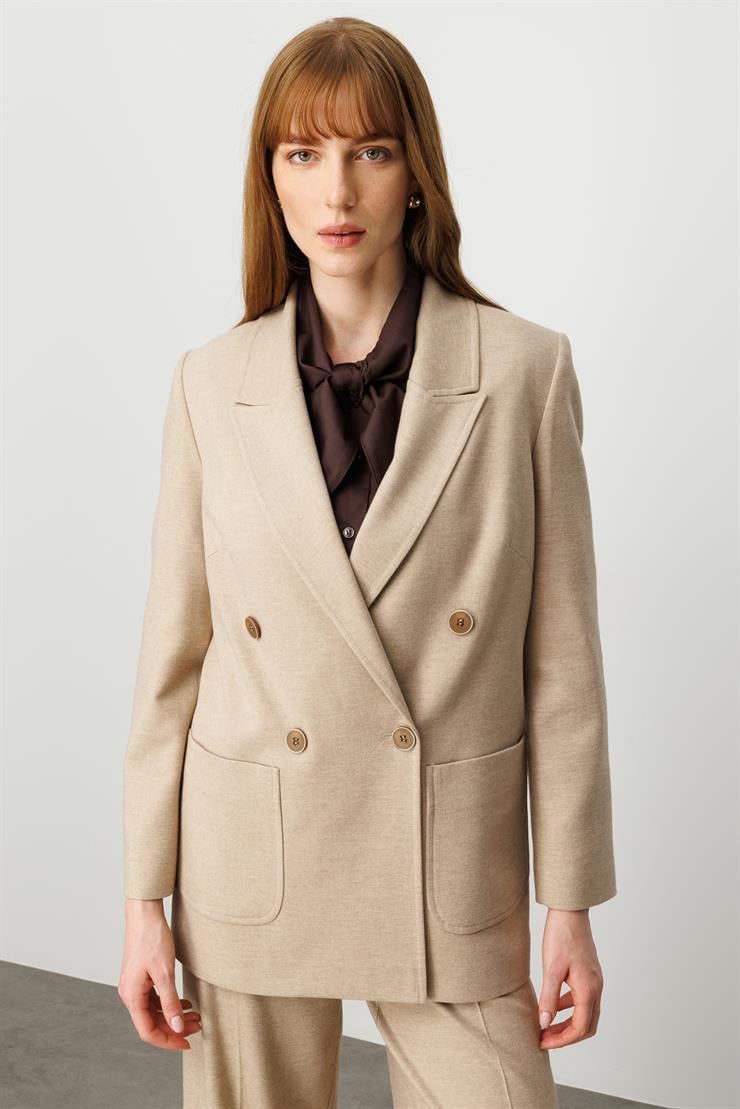 Modailgi  Kırlangıç Yaka Kruvaze Kapama Torba Cepli Rahat Kesim Ceket - 40048 Vizon