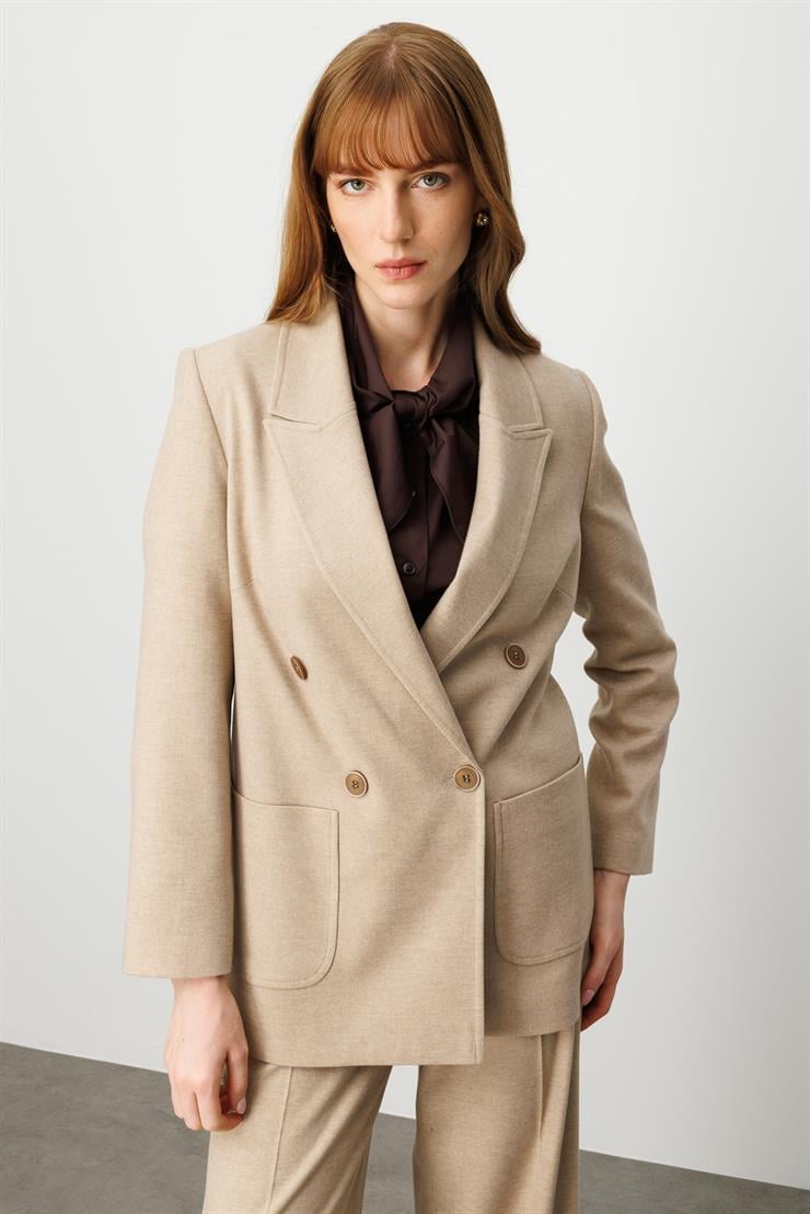 Modailgi  Kırlangıç Yaka Kruvaze Kapama Torba Cepli Rahat Kesim Ceket - 40048 Vizon