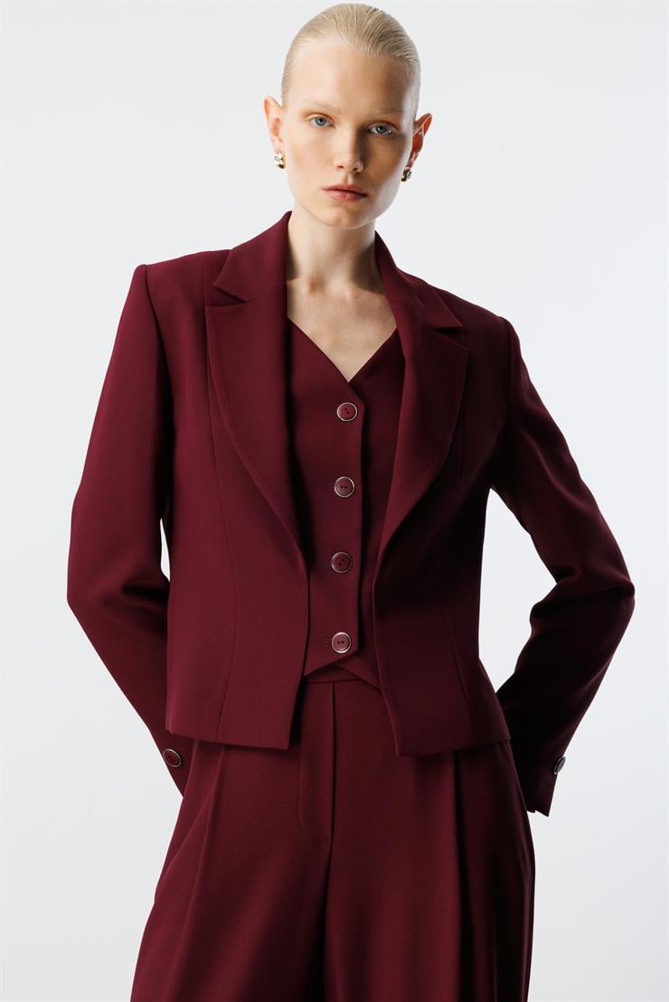 Modailgi  Kırlangıç Yaka Kuptan Kesik Yelek Detaylı Astarlı Kısa Ceket - 40030 Bordo