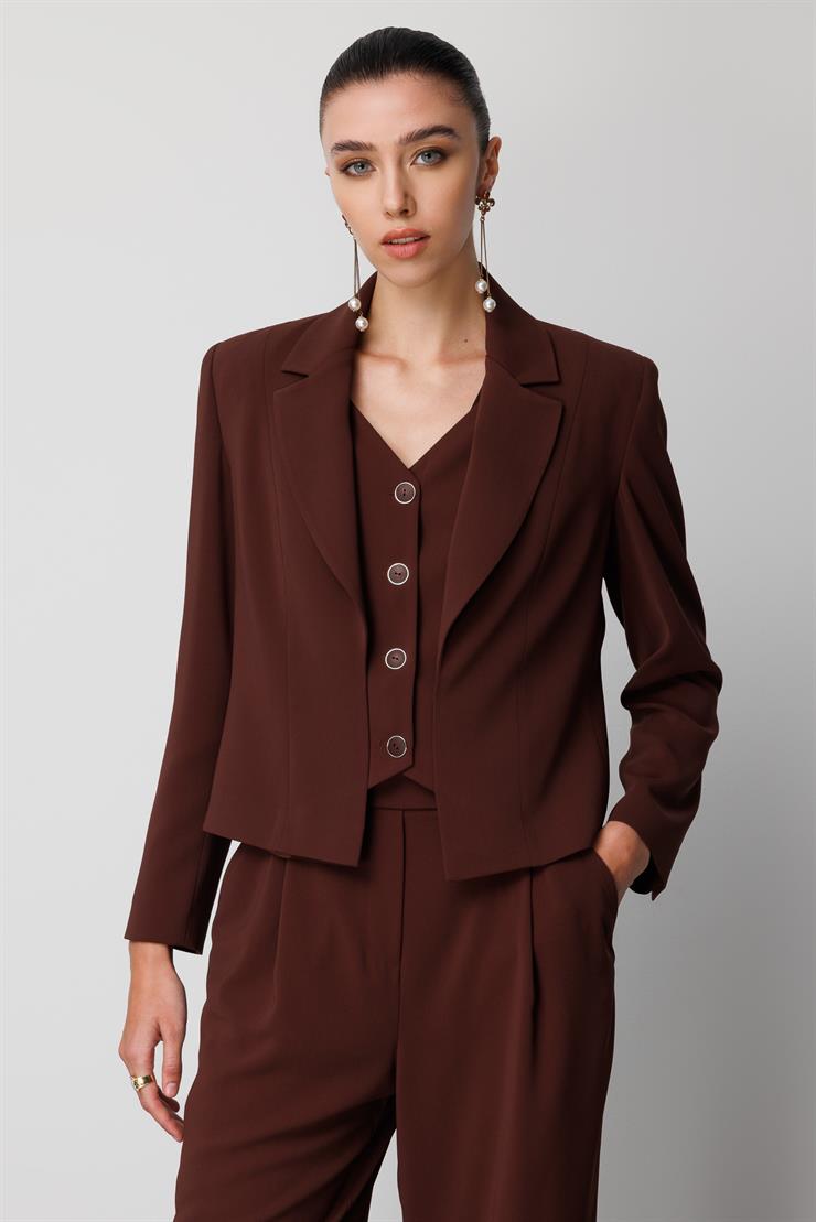 Modailgi  Kırlangıç Yaka Kuptan Kesik Yelek Detaylı Astarlı Kısa Ceket - 40030 Kahve