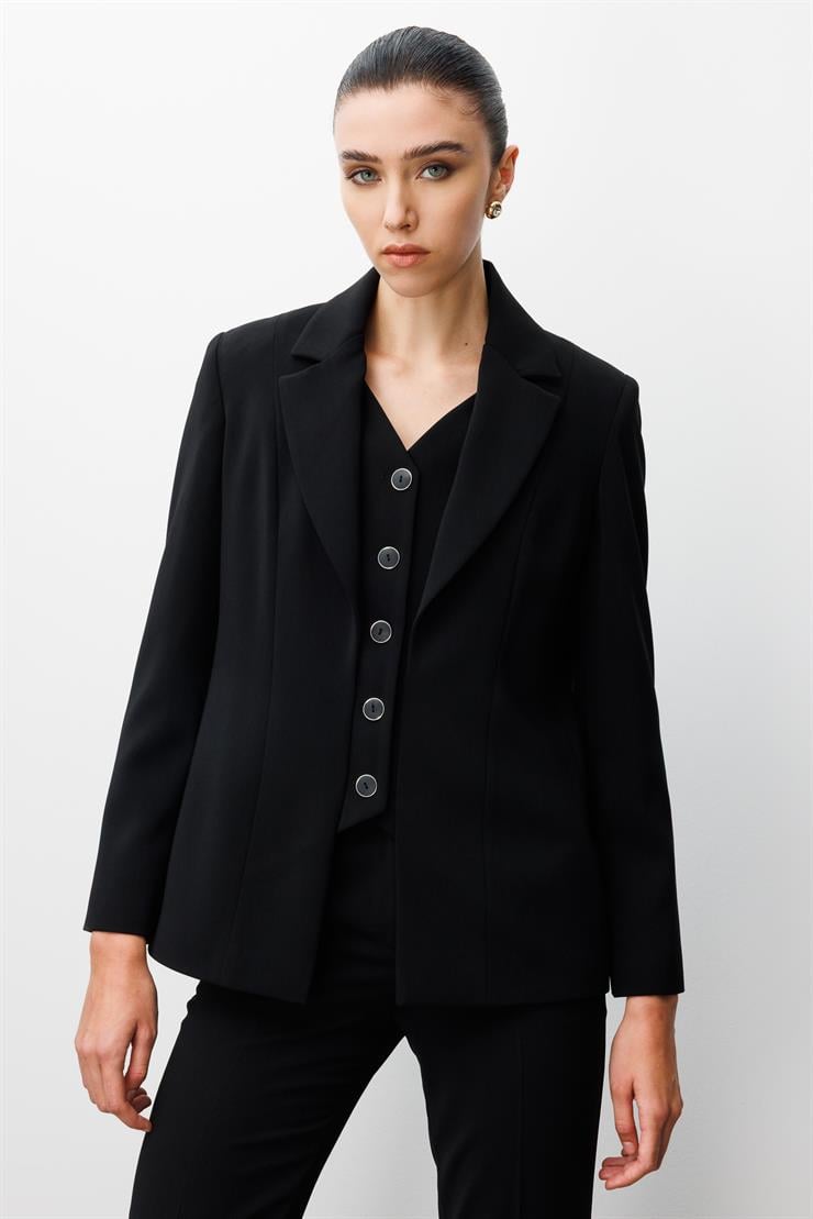 Modailgi  Kırlangıç Yaka Kuptan Yelek Detaylı Astarlı Ceket - 40031 Siyah