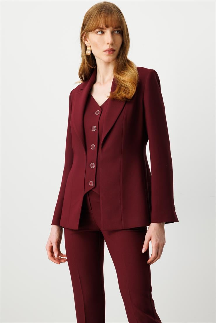 Modailgi  Kırlangıç Yaka Kuptan Yelek Detaylı Astarlı Ceket - 40031 Bordo