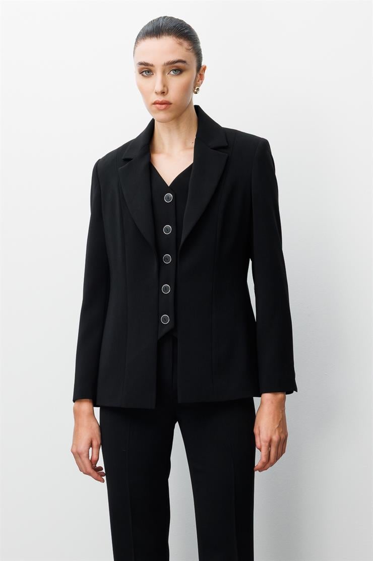 Modailgi  Kırlangıç Yaka Kuptan Yelek Detaylı Astarlı Ceket - 40031 Siyah