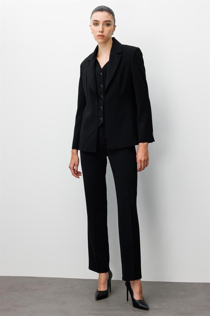 Modailgi  Kırlangıç Yaka Kuptan Yelek Detaylı Astarlı Ceket - 40031 Siyah