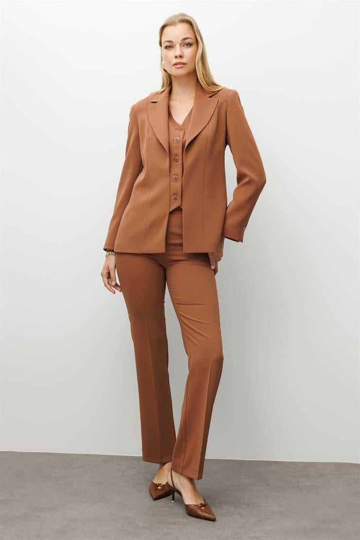 Modailgi  Kırlangıç Yaka Kuptan Yelek Detaylı Astarlı Ceket - 40031 Tarçın