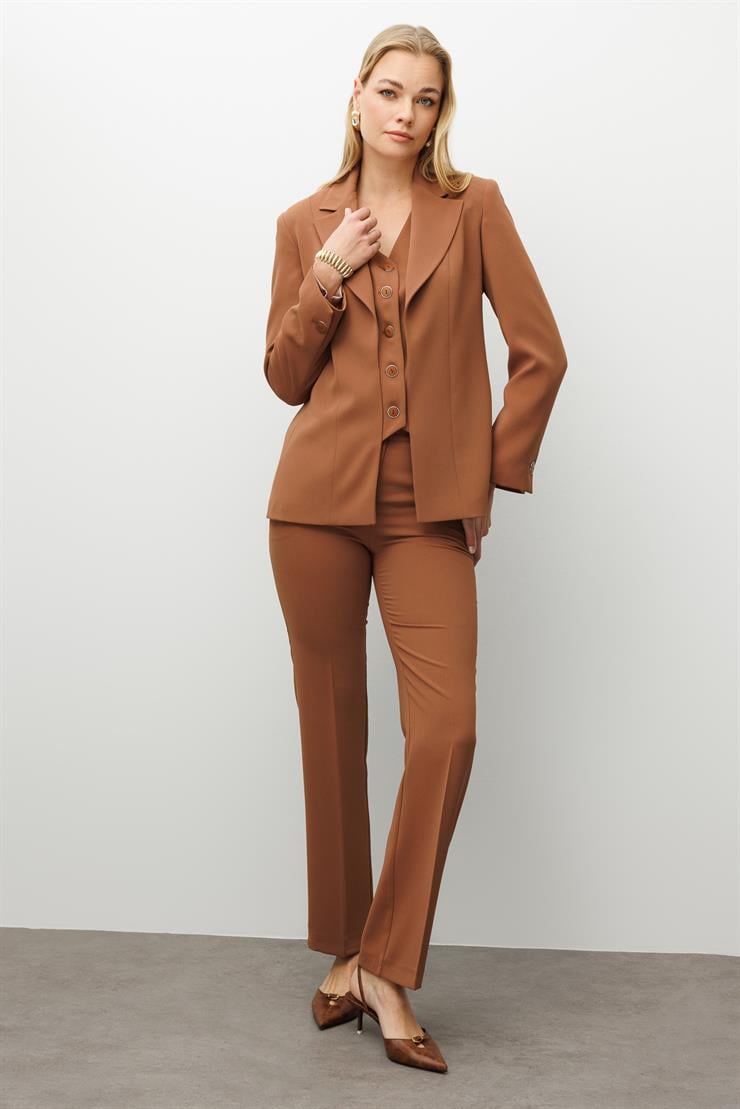 Modailgi  Kırlangıç Yaka Kuptan Yelek Detaylı Astarlı Ceket - 40031 Tarçın