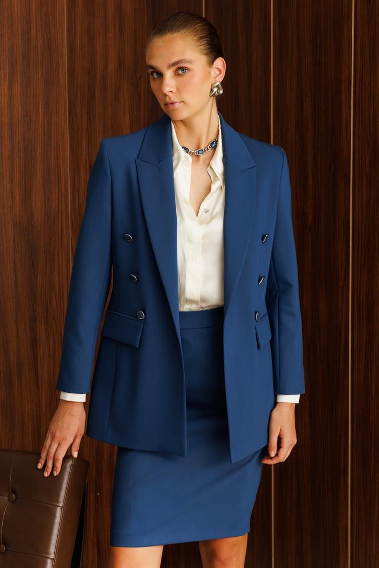 Modailgi  Kırlangıç Yaka Önü Açık Rahat Kesim Astarlı Ceket - 40008 Petrol Mavisi