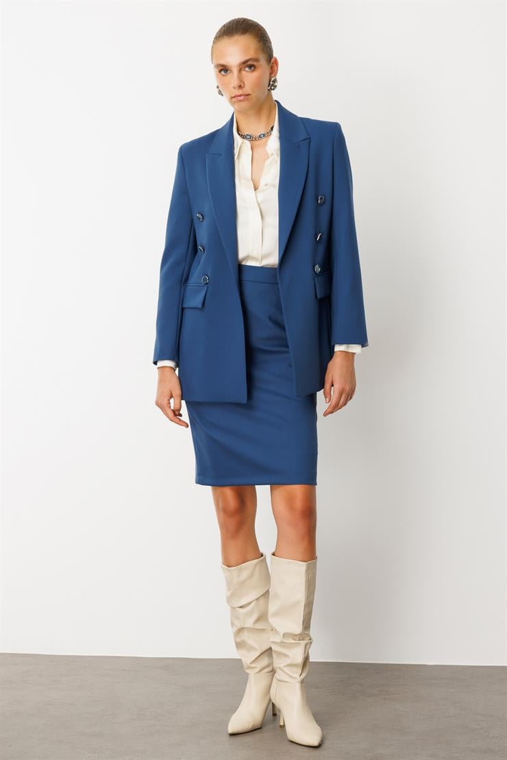 Modailgi  Kırlangıç Yaka Önü Açık Rahat Kesim Astarlı Ceket - 40008 Petrol Mavisi