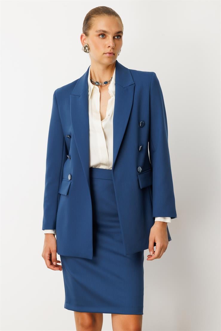 Modailgi  Kırlangıç Yaka Önü Açık Rahat Kesim Astarlı Ceket - 40008 Petrol Mavisi