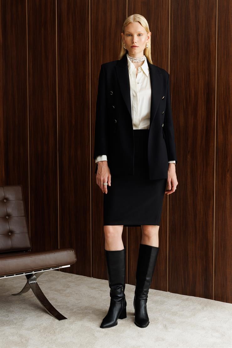 Modailgi  Kırlangıç Yaka Önü Açık Rahat Kesim Astarlı Ceket Siyah