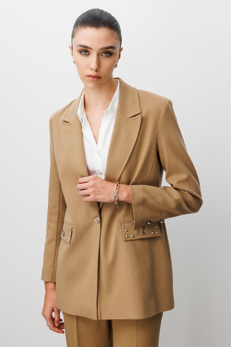 Modailgi  Kırlangıç Yaka Tek Düğme Kapamalı Astarlı Ceket - 45014 Camel