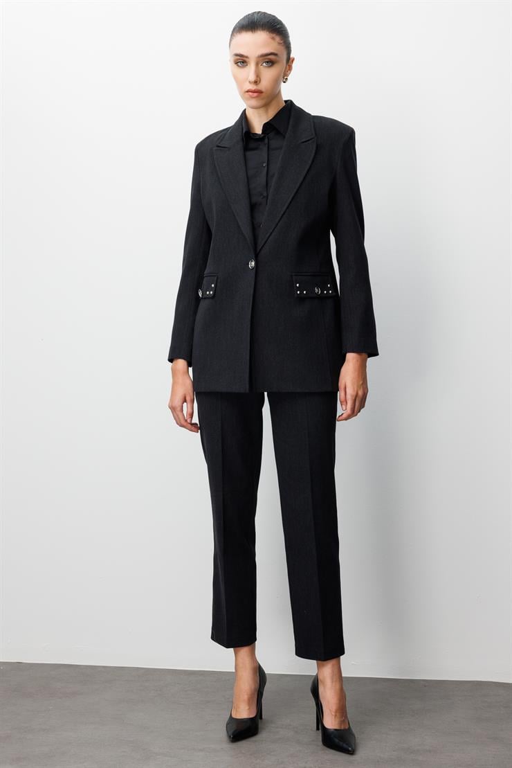 Modailgi  Kırlangıç Yaka Tek Düğme Kapamalı Astarlı Ceket - 45014 Siyah