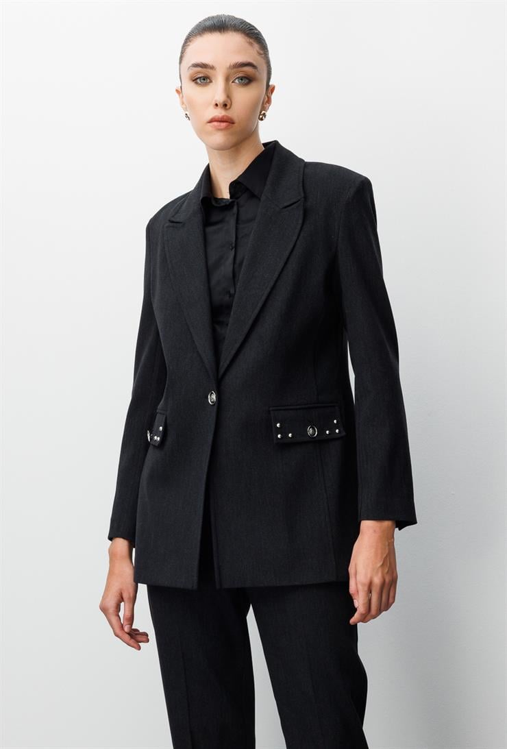 Modailgi  Kırlangıç Yaka Tek Düğme Kapamalı Astarlı Ceket - 45014 Siyah