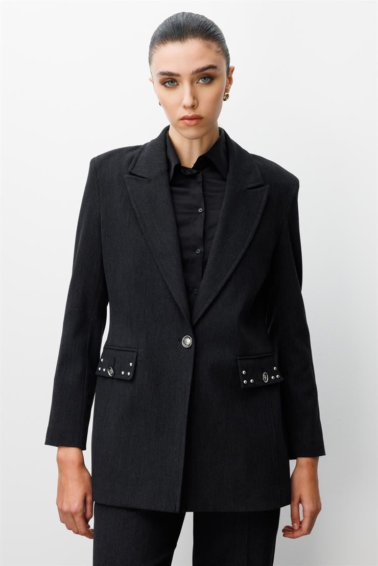 Modailgi  Kırlangıç Yaka Tek Düğme Kapamalı Astarlı Ceket - 45014 Siyah