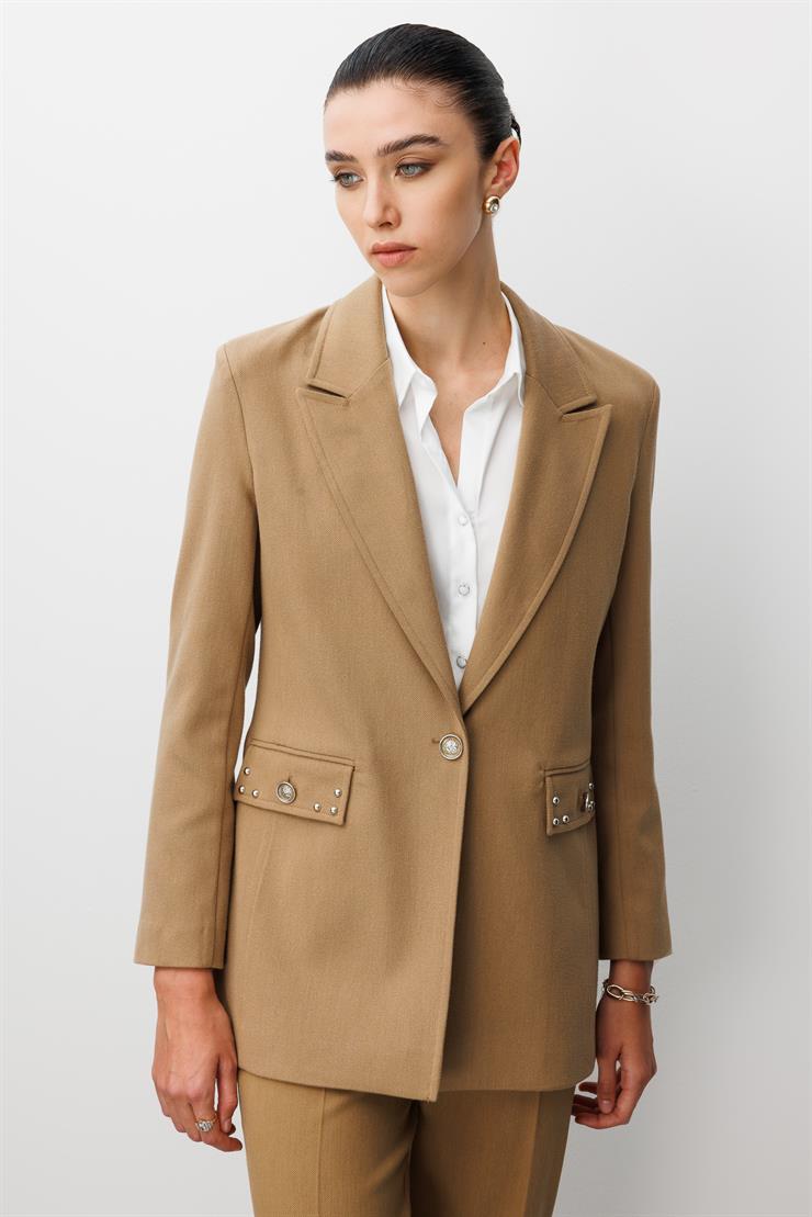 Modailgi  Kırlangıç Yaka Tek Düğme Kapamalı Astarlı Ceket - 45014 Camel