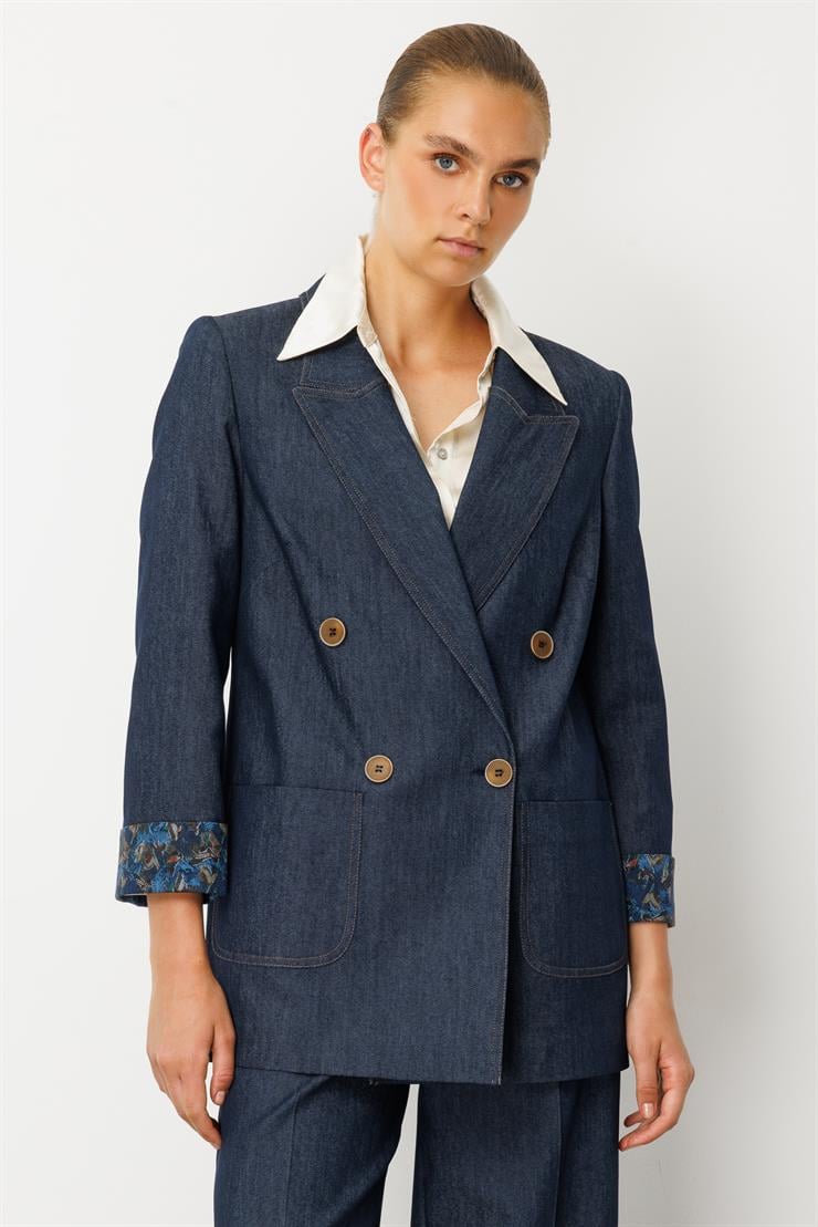 Modailgi  Kırlangıç Yaka Torba Cepli Desenli Duble Kol Tensel Ceket - 40004 Lacivert