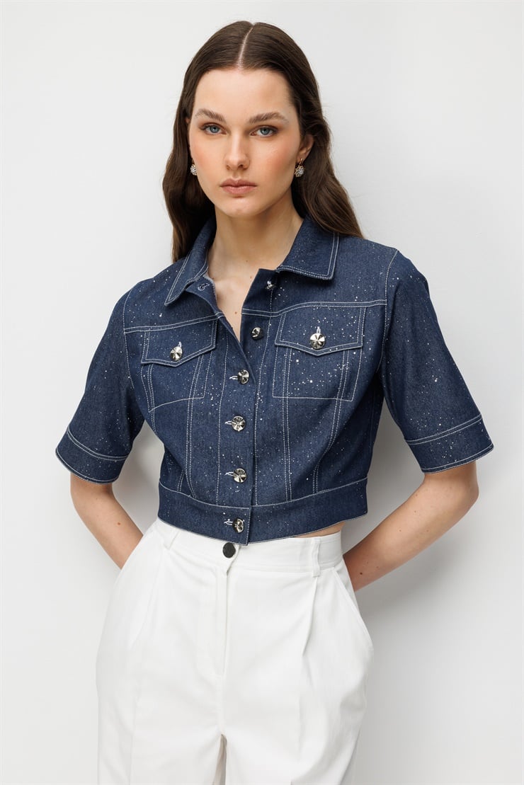 Modailgi  Kısa Kollu Krop Denim Mont Lacivert