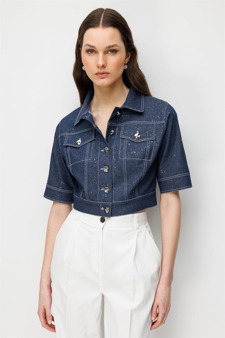 Modailgi  Kısa Kollu Krop Denim Mont Lacivert