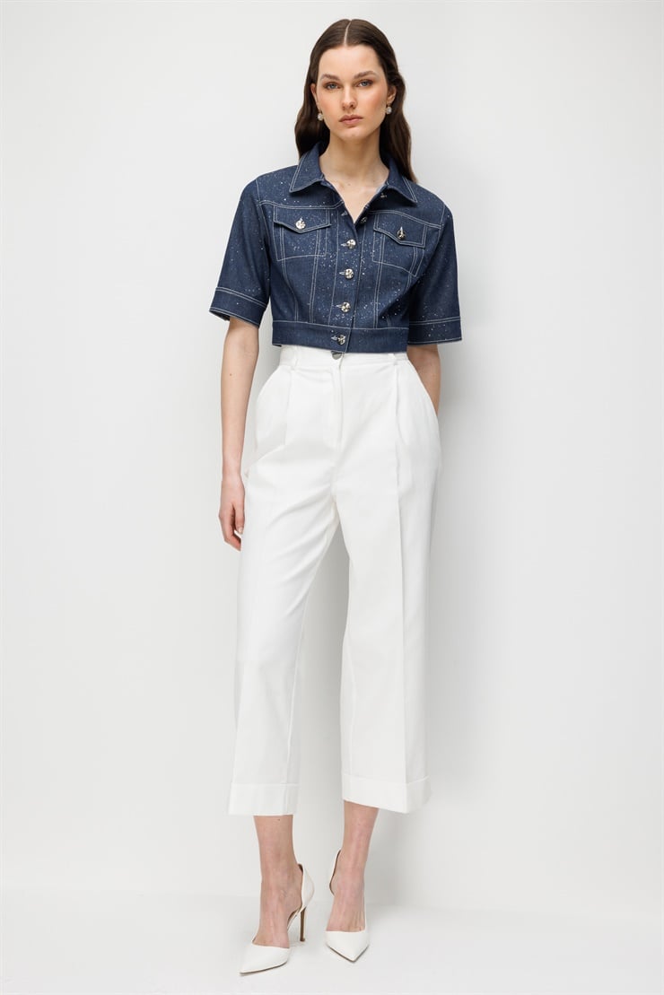 Modailgi  Kısa Kollu Krop Denim Mont Lacivert