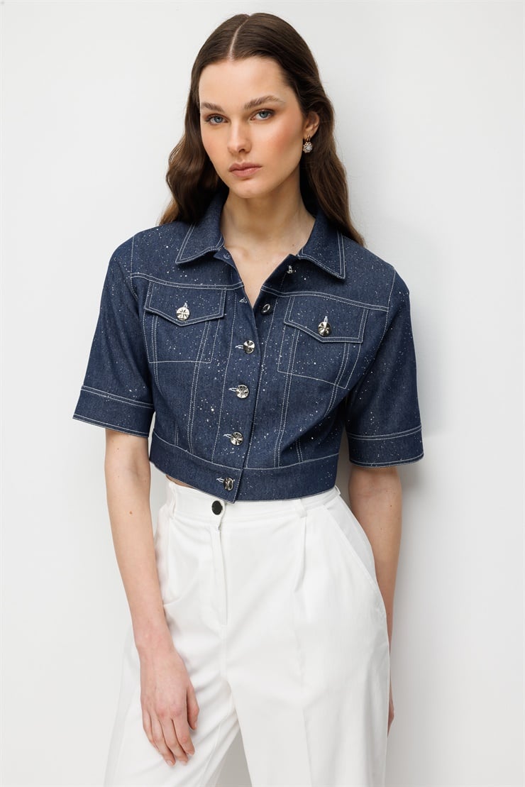 Modailgi  Kısa Kollu Krop Denim Mont Lacivert