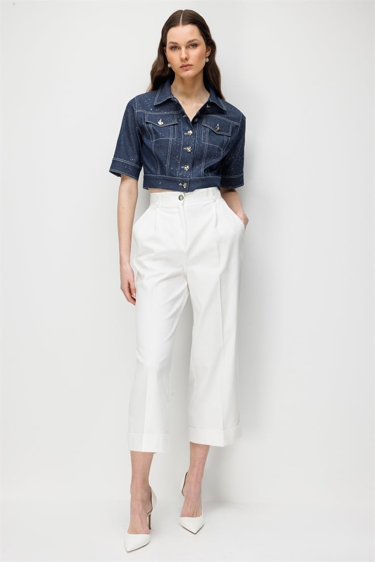 Modailgi  Kısa Kollu Krop Denim Mont Lacivert