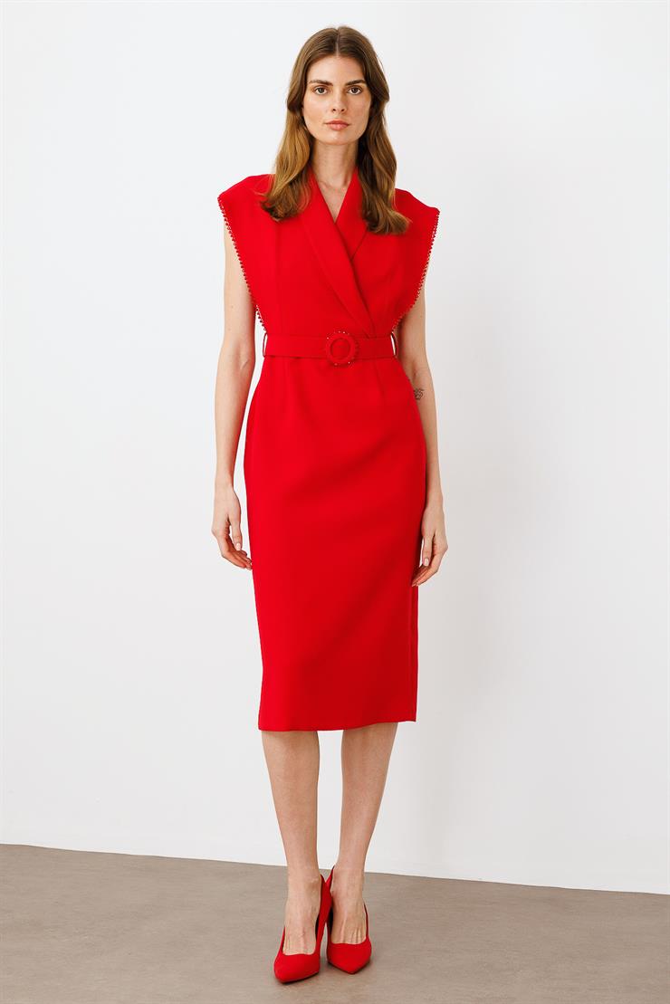 Modailgi  Kol Ağzı Boncuk Aksesuar Detaylı Elbise Kırmızı