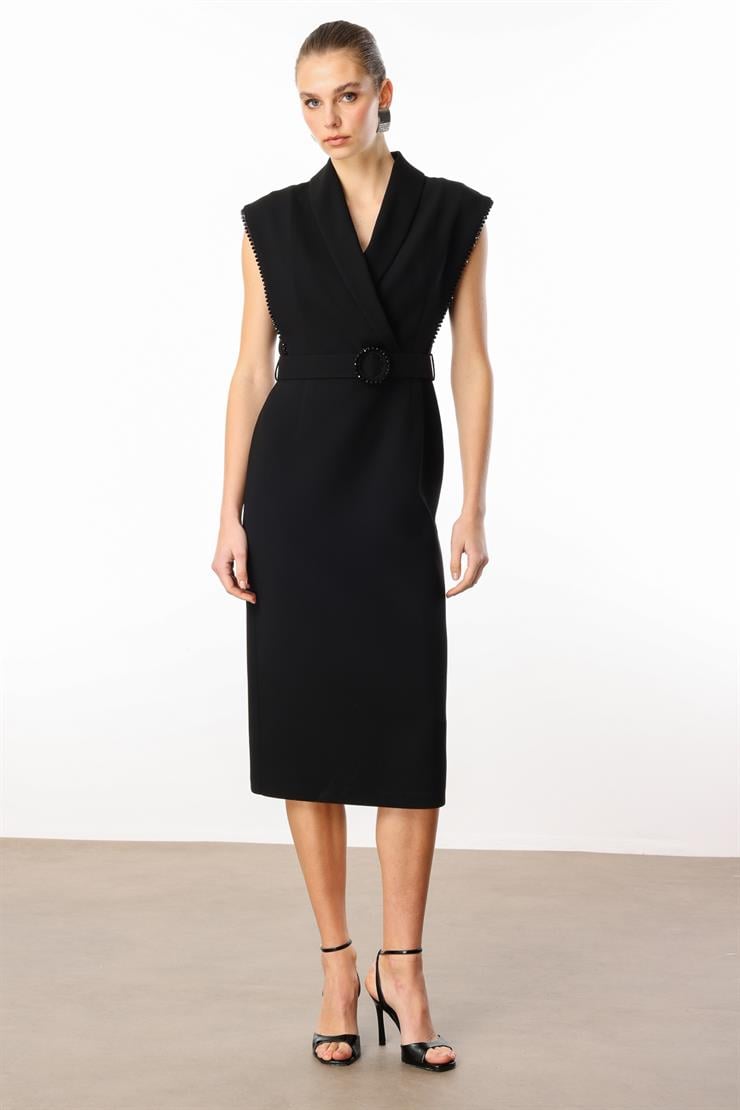 Modailgi  Kol Ağzı Boncuk Aksesuar Detaylı Elbise Siyah