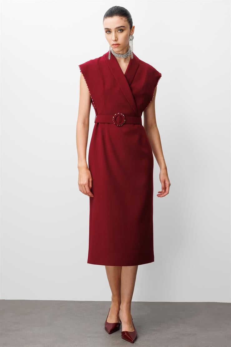 Modailgi  Kol Ağzı Boncuk Aksesuar Detaylı Elbise Bordo