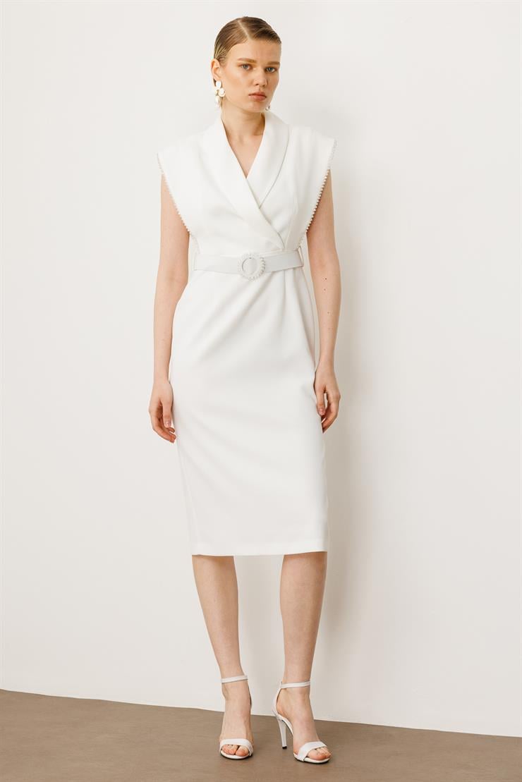 Modailgi  Kol Ağzı Boncuk Aksesuar Detaylı Elbise Ekru