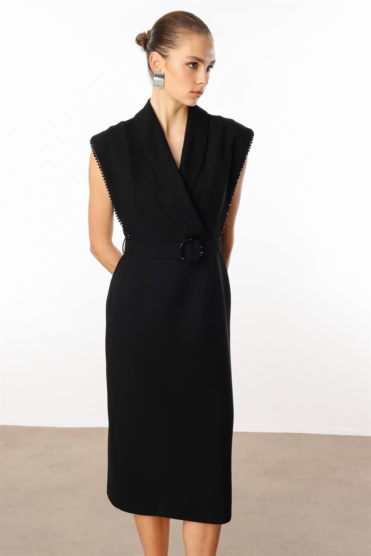 Modailgi  Kol Ağzı Boncuk Aksesuar Detaylı Elbise Siyah