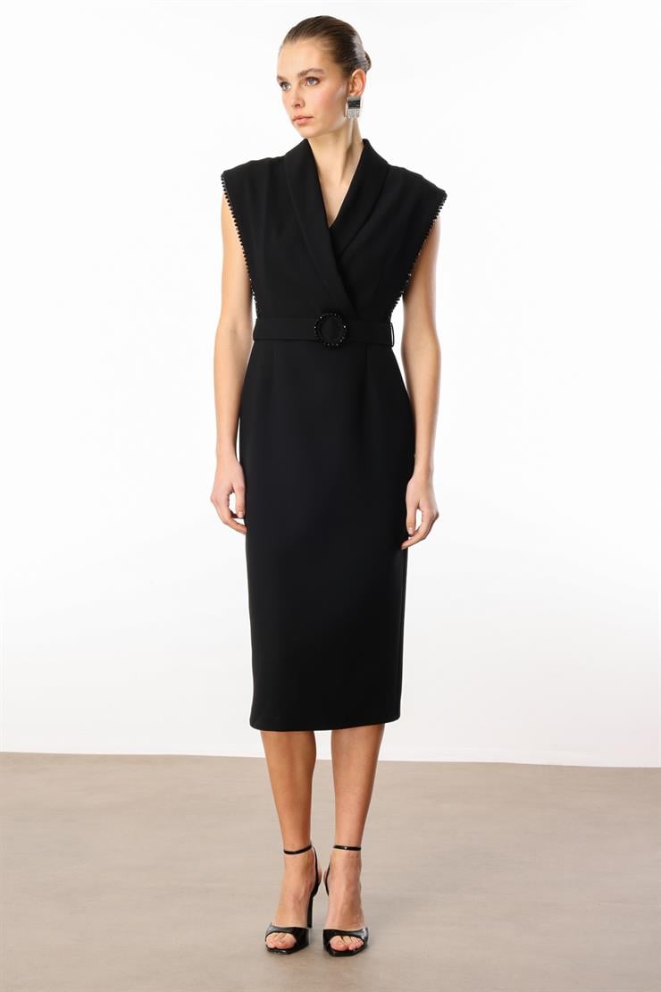 Modailgi  Kol Ağzı Boncuk Aksesuar Detaylı Elbise Siyah