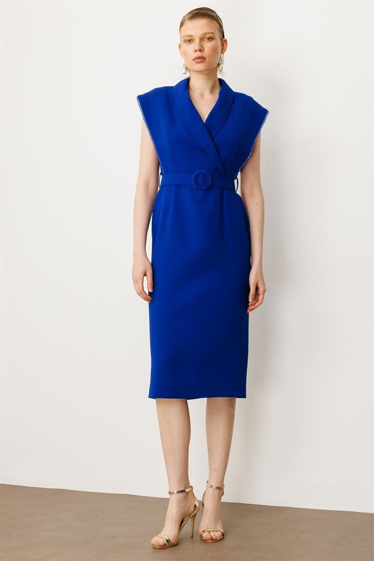 Modailgi  Kol Ağzı Boncuk Aksesuar Detaylı Elbise Saks