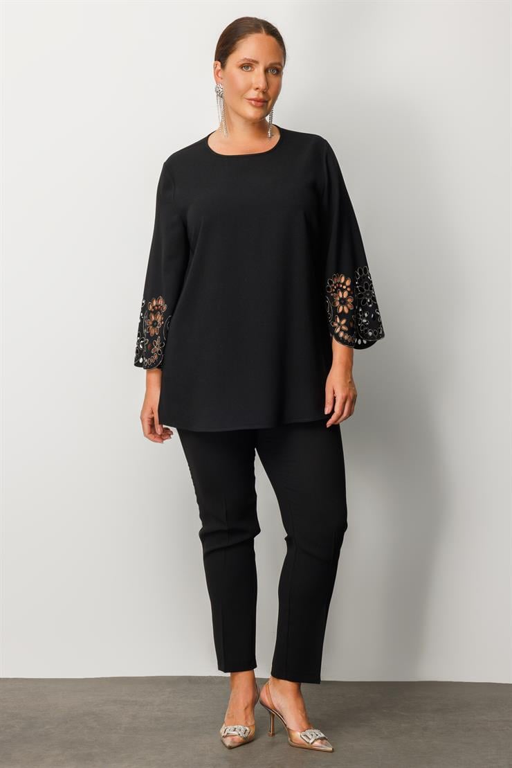 Modailgi  Kol Ağzı Lazerli Taşlı Bluz Siyah