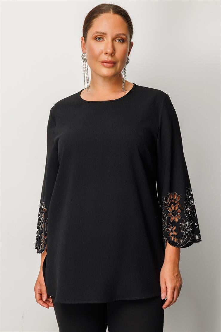 Modailgi  Kol Ağzı Lazerli Taşlı Bluz Siyah